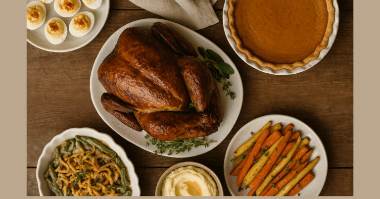 Cozy Thanksgiving dinner table with smoked turkey, mashed potatoes, roasted carrots, green bean casserole, deviled eggs, and pumpkin pie — classic Thanksgiving menu ideas for a cozy holiday.